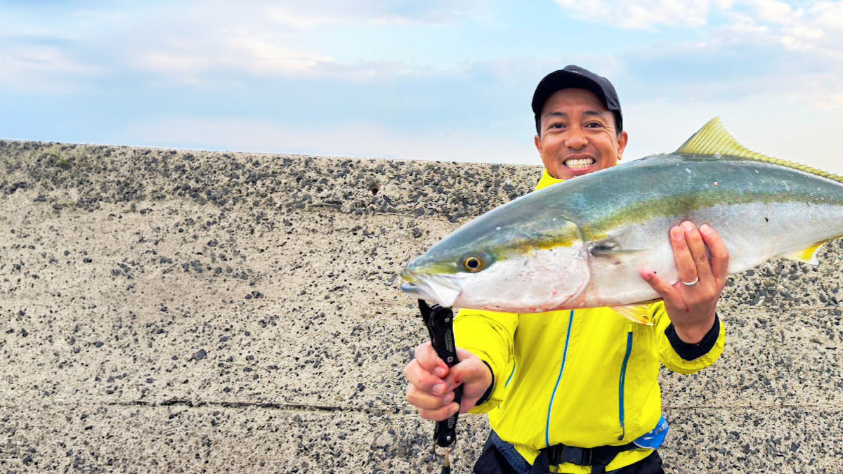 岸から青物を釣り上げたアングラー