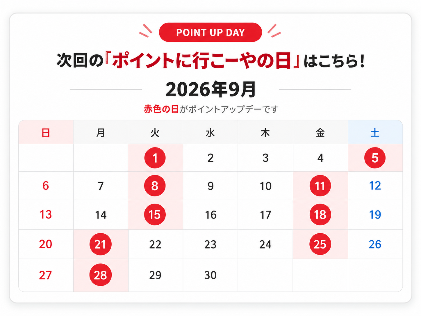 2026年9月のポイントアップデーカレンダー