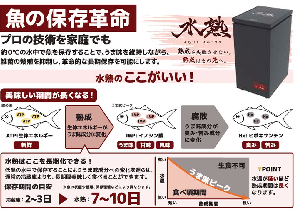 熟成のメカニズム：ATP→IMP（うま味）→Hx（苦み）の変化グラフ